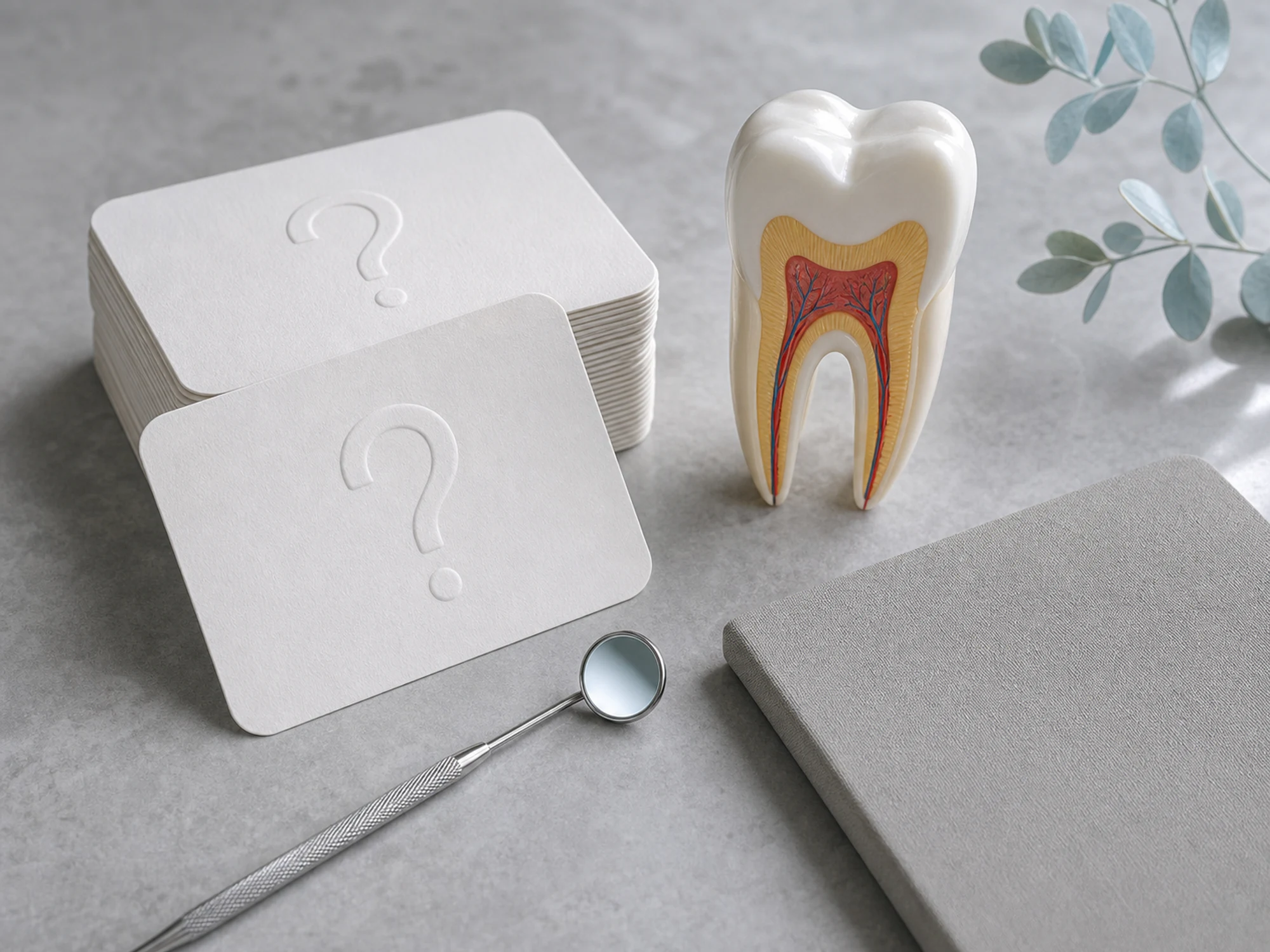 Tooth model, dental mirror, and blank question cards arranged for dental FAQs