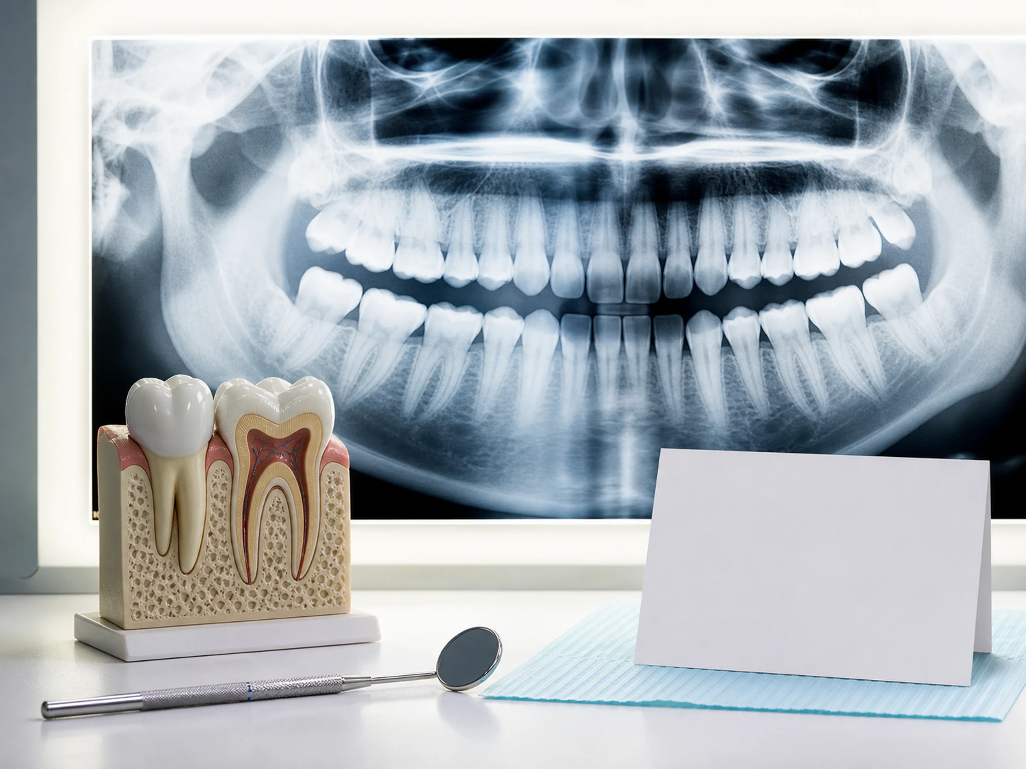 Panoramic dental X-ray, molar model, and mirror for oral surgery planning