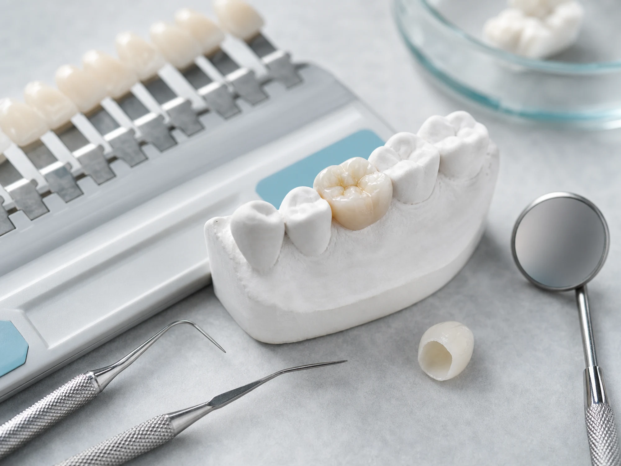 Dental shade guide, ceramic restorations, and tooth models for restorative planning