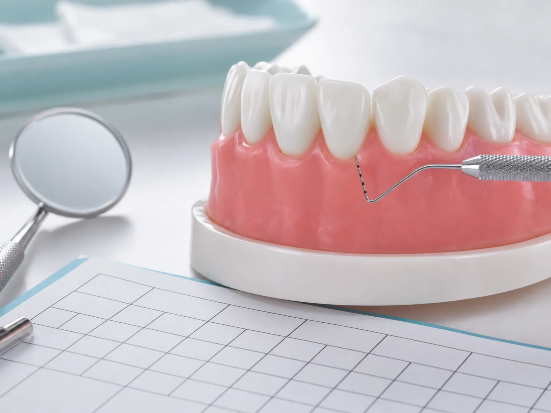 Periodontal chart and dental model illustrating gum measurements