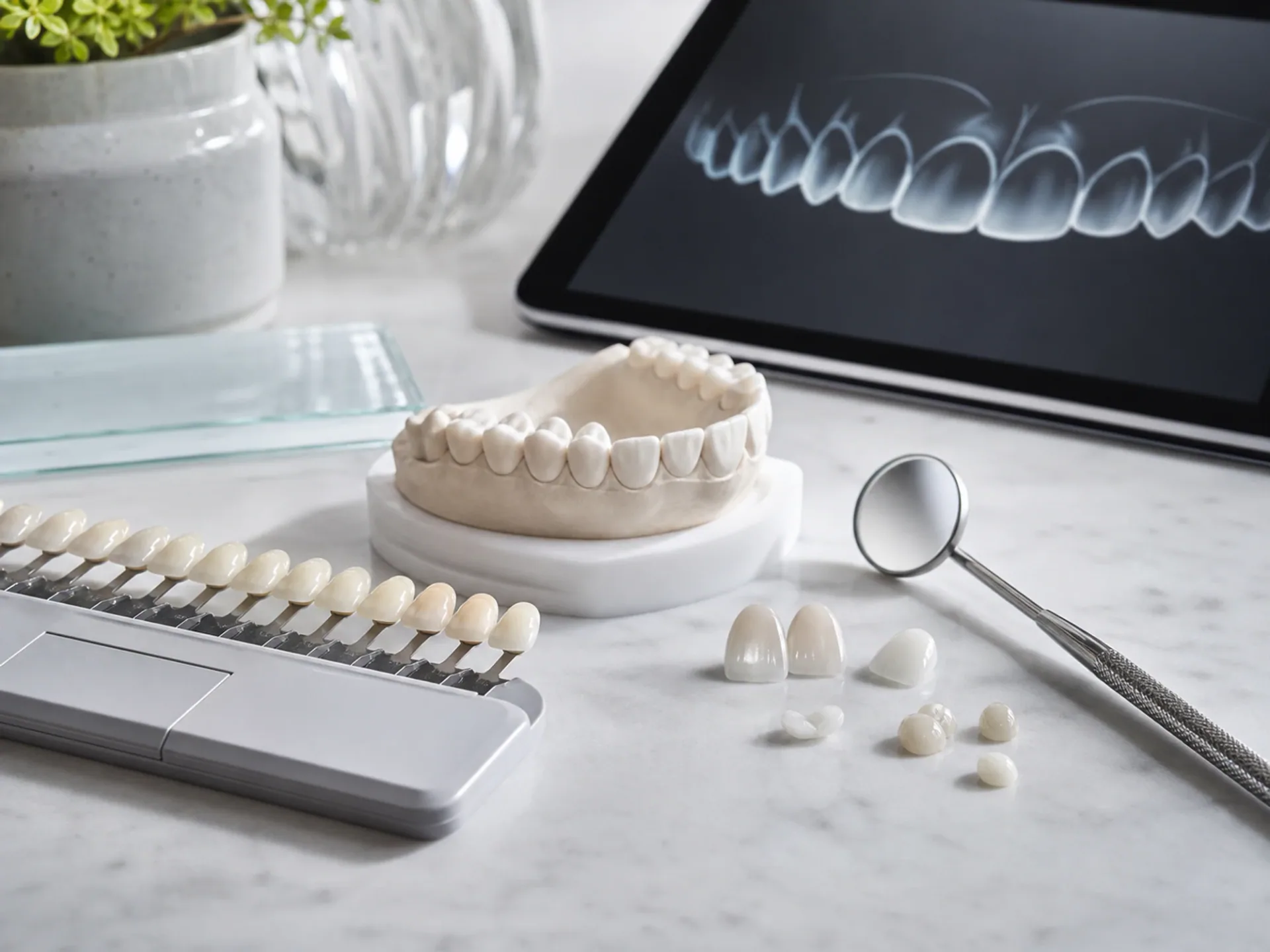 Dental shade guide, tooth models, and ceramic samples for cosmetic treatment planning