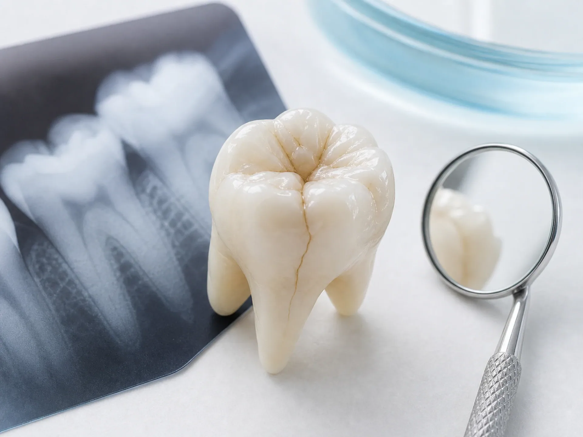 Molar model with a hairline crack beside a dental X-ray and inspection mirror
